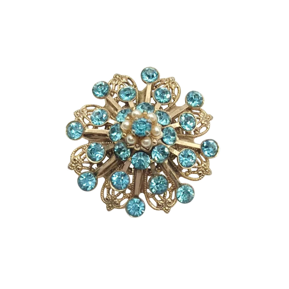 Vintage Filigree Blue Rhinestones Flower Brooch 1”