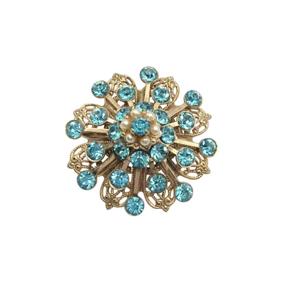 Vintage Filigree Blue Rhinestones Flower Brooch 1”