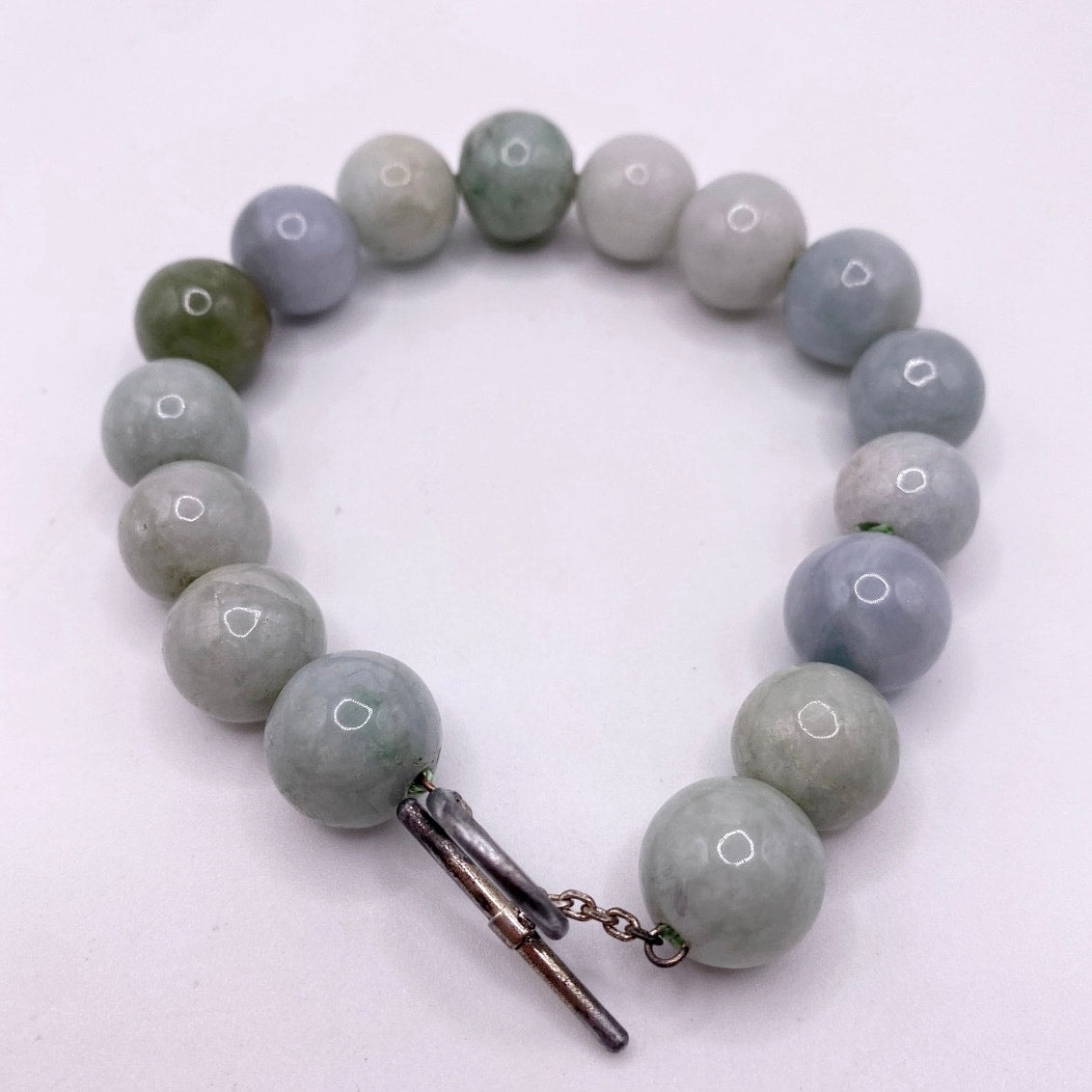 Burmese Jadeite Jade Beaded Bracelet With a Metal Toggle clasp 9”