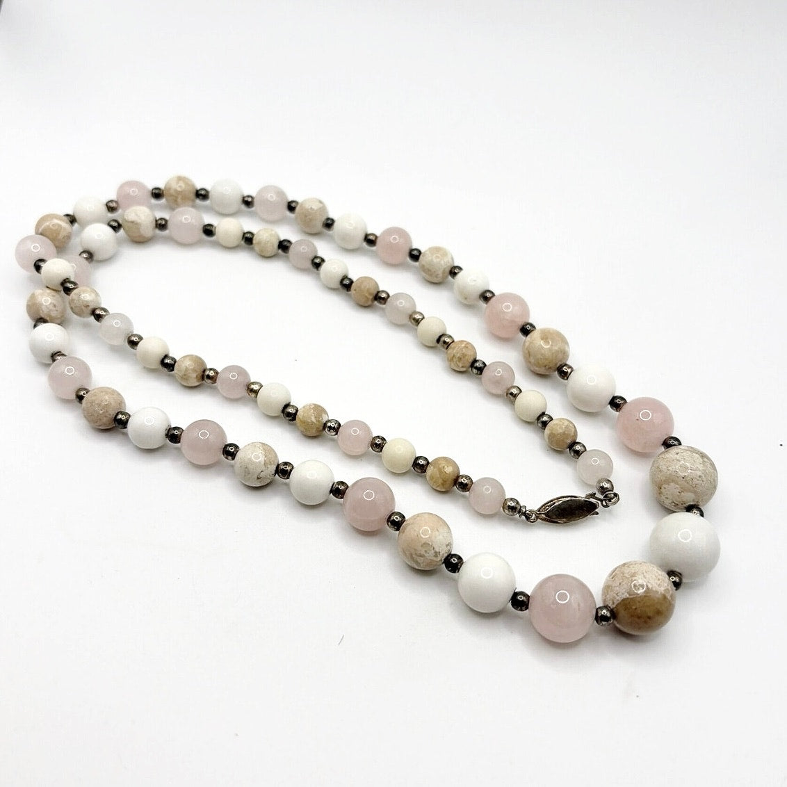 Vintage Agate and Rose Quartz Gemstones Long Necklace 30”