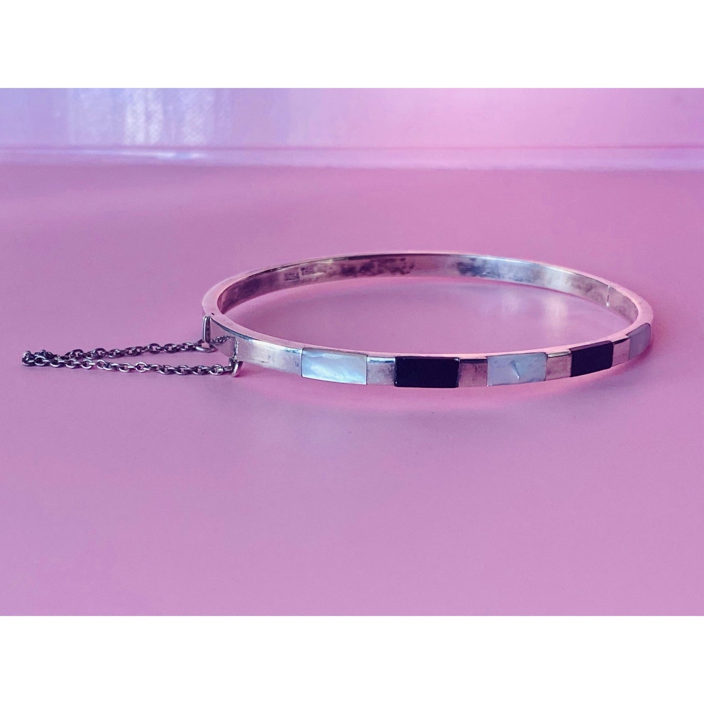 Sterling Silver Bangle Bracelet Mother Of Pearl and Onyx