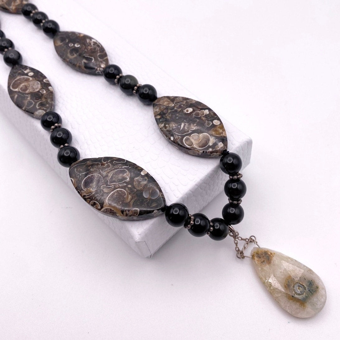 Turritella Fossil and Lace Onyx Beaded Necklace with Solar Quartz Pendant