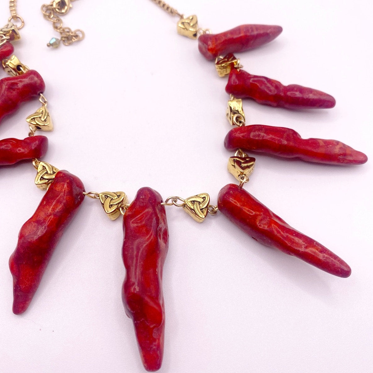 Red Coral Horns Charms Necklace 22”