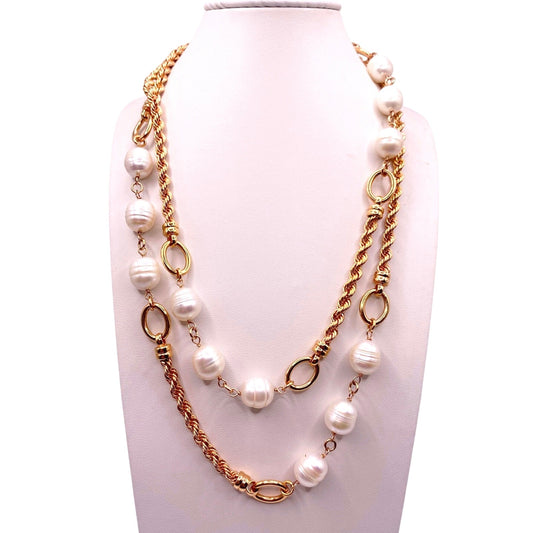 Bronce Italy Necklace Gold Tone with Baroque Pearls Extra Large 34 inches