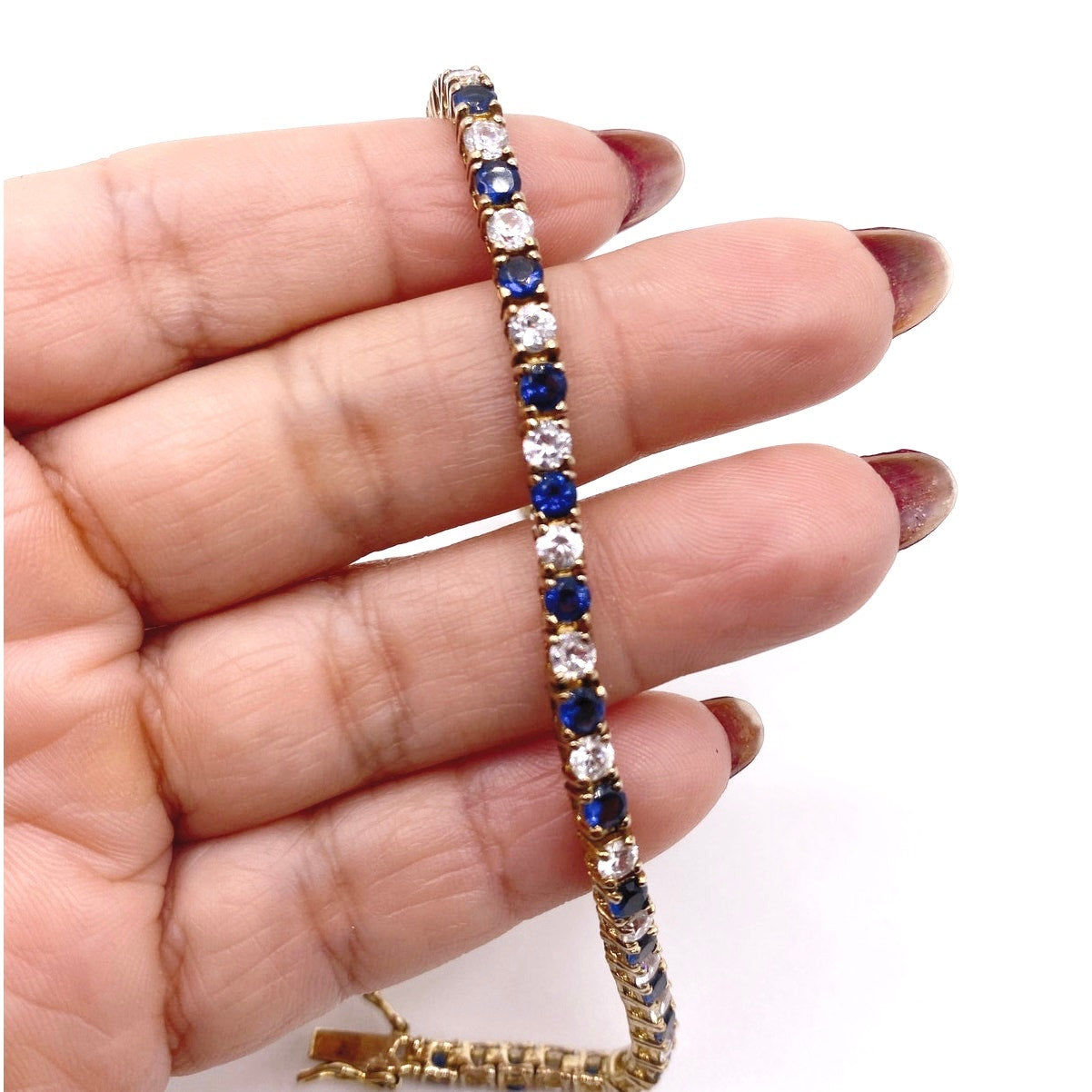 Vintage Sterling Silver Gold Vermeil 925 Bracelet Blue and White CZ 3mm Size 7”