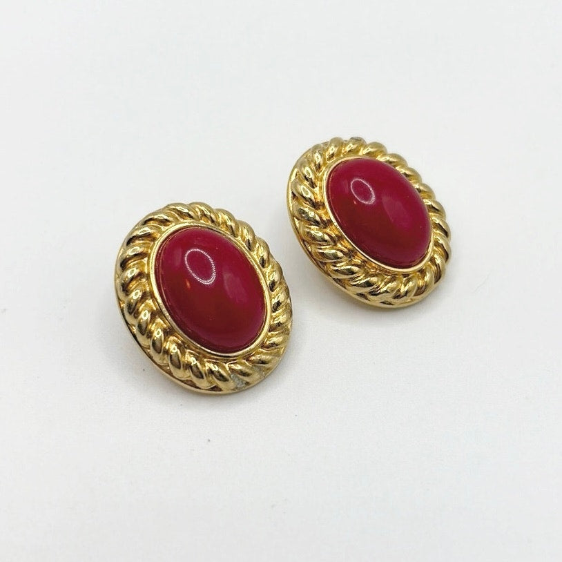 Monet Vintage Clip On Earrings Red Lucite and Gold Tone