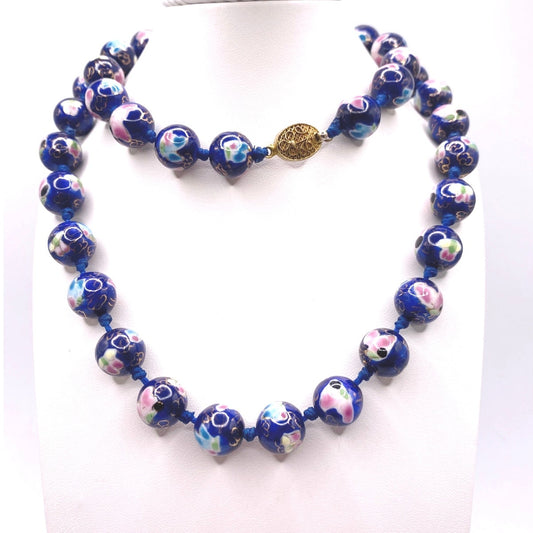Chinese Export Cloisonné Cobalt Blue Beaded Colorful Flower Knotted Vintage Necklace 26”