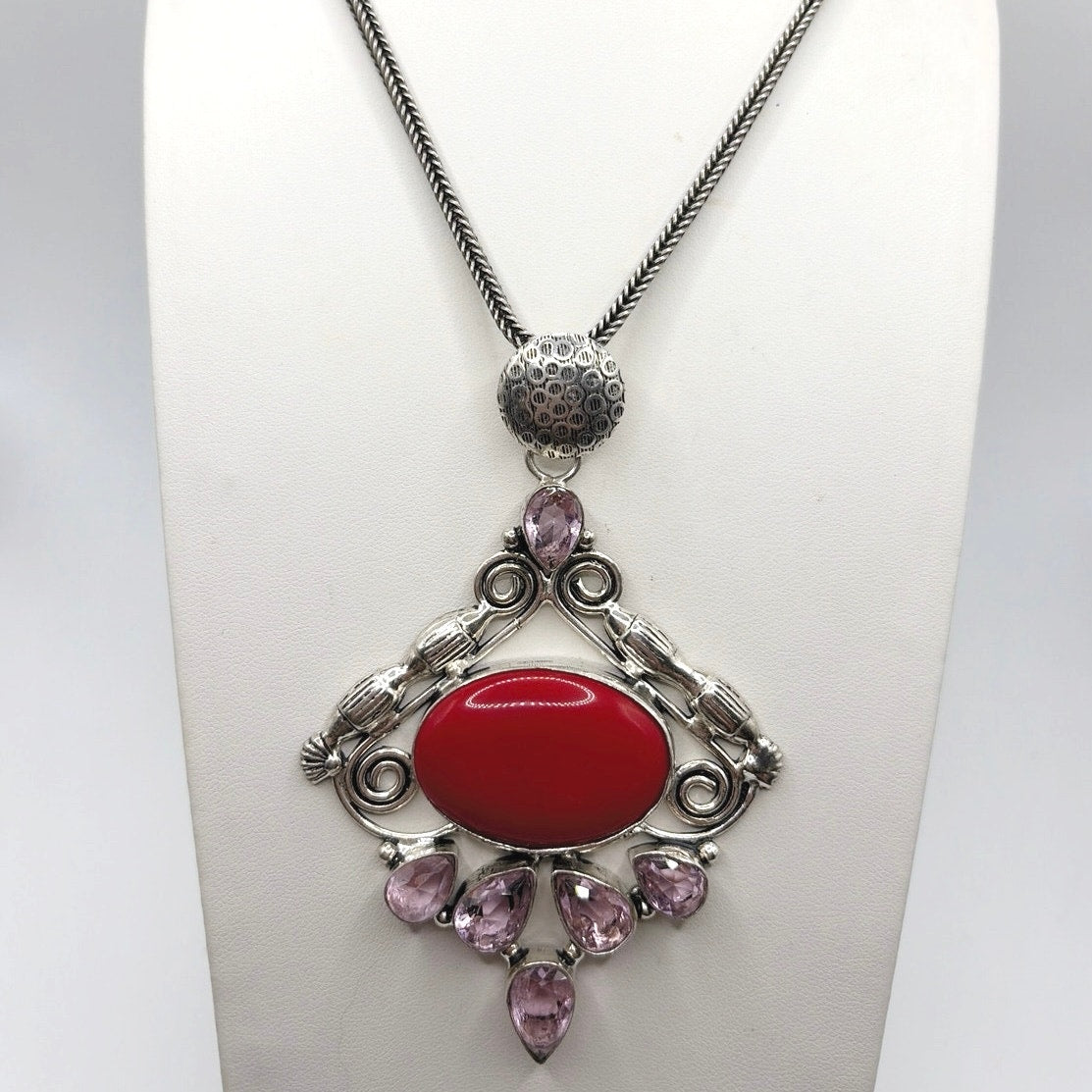 Sterling Silver Necklace 16" and Pendant 3" With Faux Coral and Amethyst Stones
