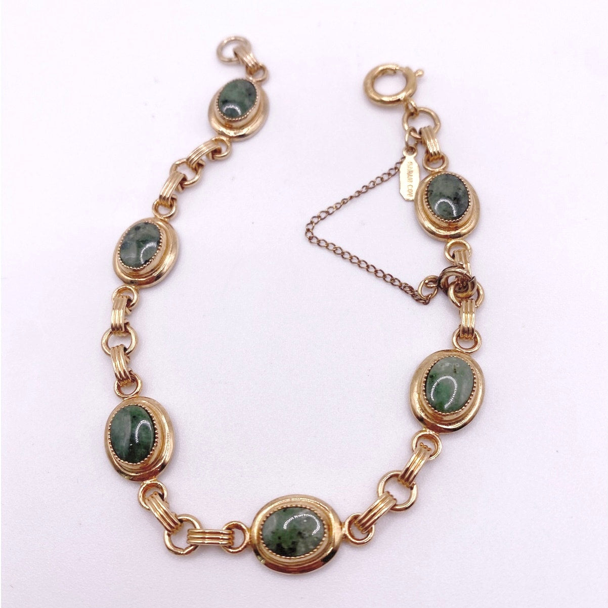 Sarah Coventry Signed 12K GF Bracelet Link with Jade Stones Size 7”