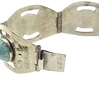 Hecho en Mexico Sterling Silver And Faux Turquoise Vintage Hinged Bracelet 7”