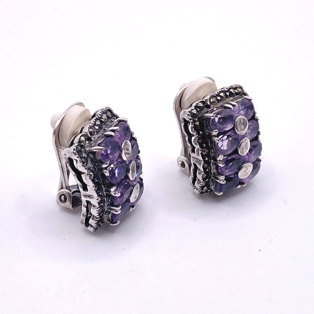 Sterling Silver And Amethyst Gems Vintage Clip On Earrings