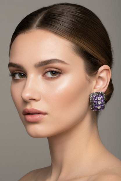 Sterling Silver And Amethyst Gems Vintage Clip On Earrings