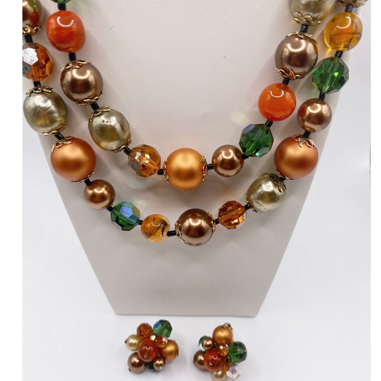 Vendome Lucite Beads Signed Autumn Tones Necklace and Clip On Earrings Set
