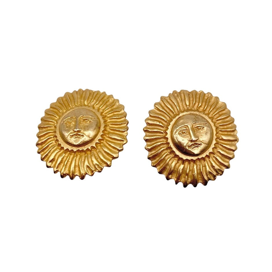 Vintage Clip On Earrings Sun Face 80s Style Gold Brushed Tone