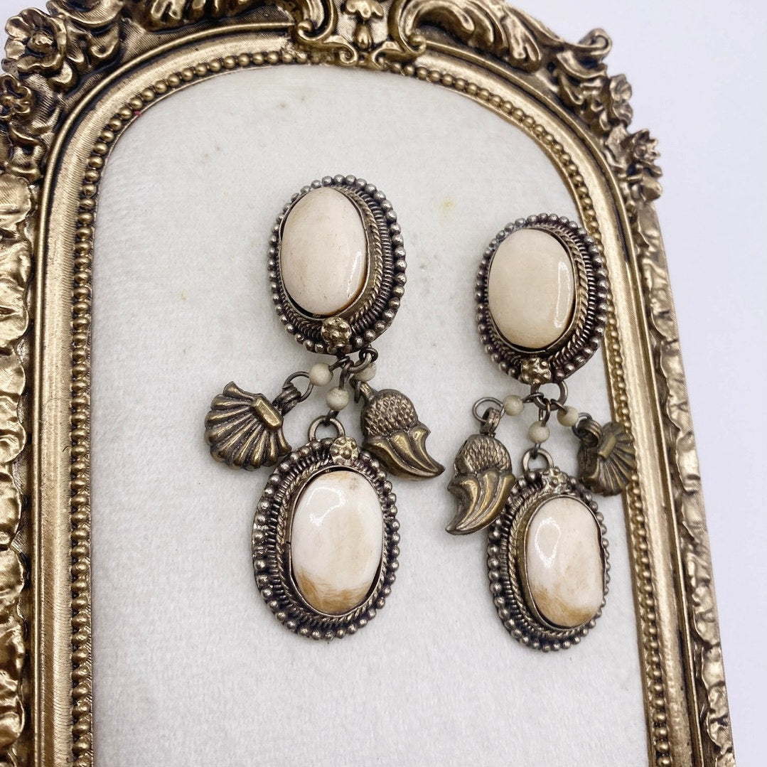 Vintage Dangling Brass Filigree Clip on Earrings and Bone Carved Cabochons 2"