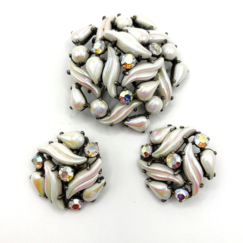 Elsa Schiaparelli AB White Molded Glass Earrings and Brooch Set