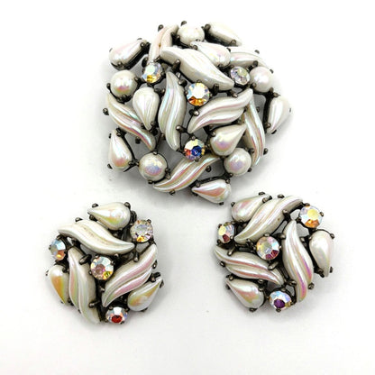 Elsa Schiaparelli AB White Molded Glass Earrings and Brooch Set