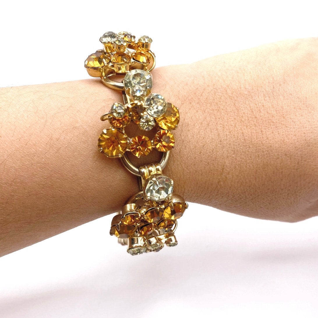 Juliana Vintage MidCentury Bracelet Beautiful Orange and Green Tone Rhinestones