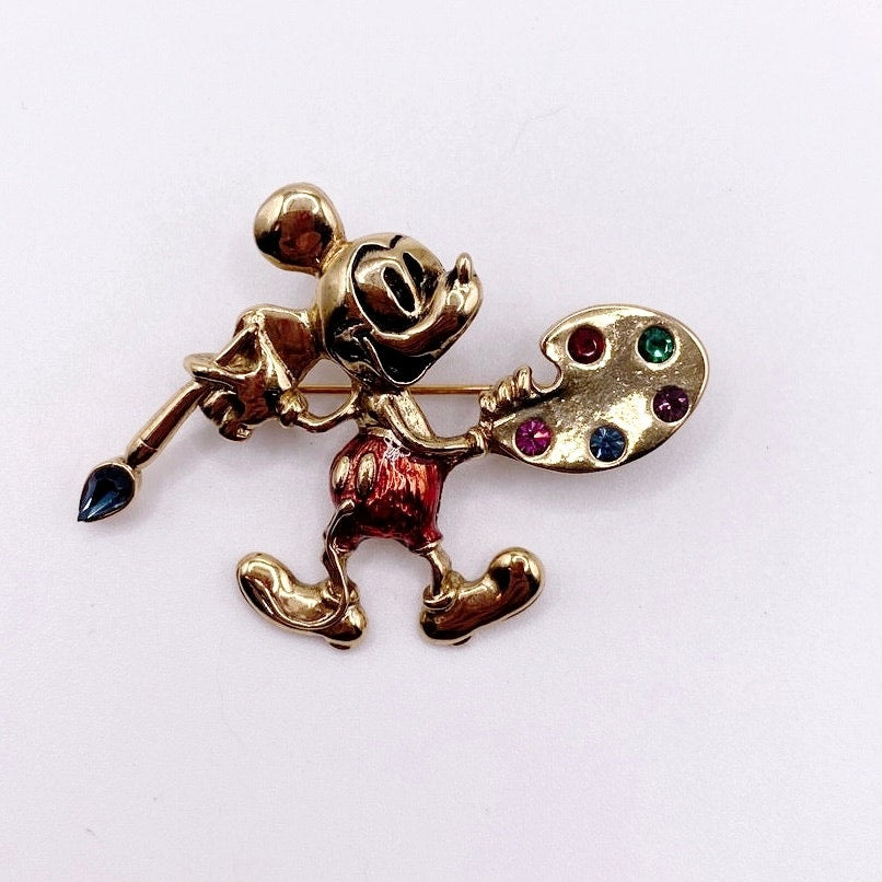 Vintage Mickey Mouse Artist Paint Pallet Brooch With Rhinestones