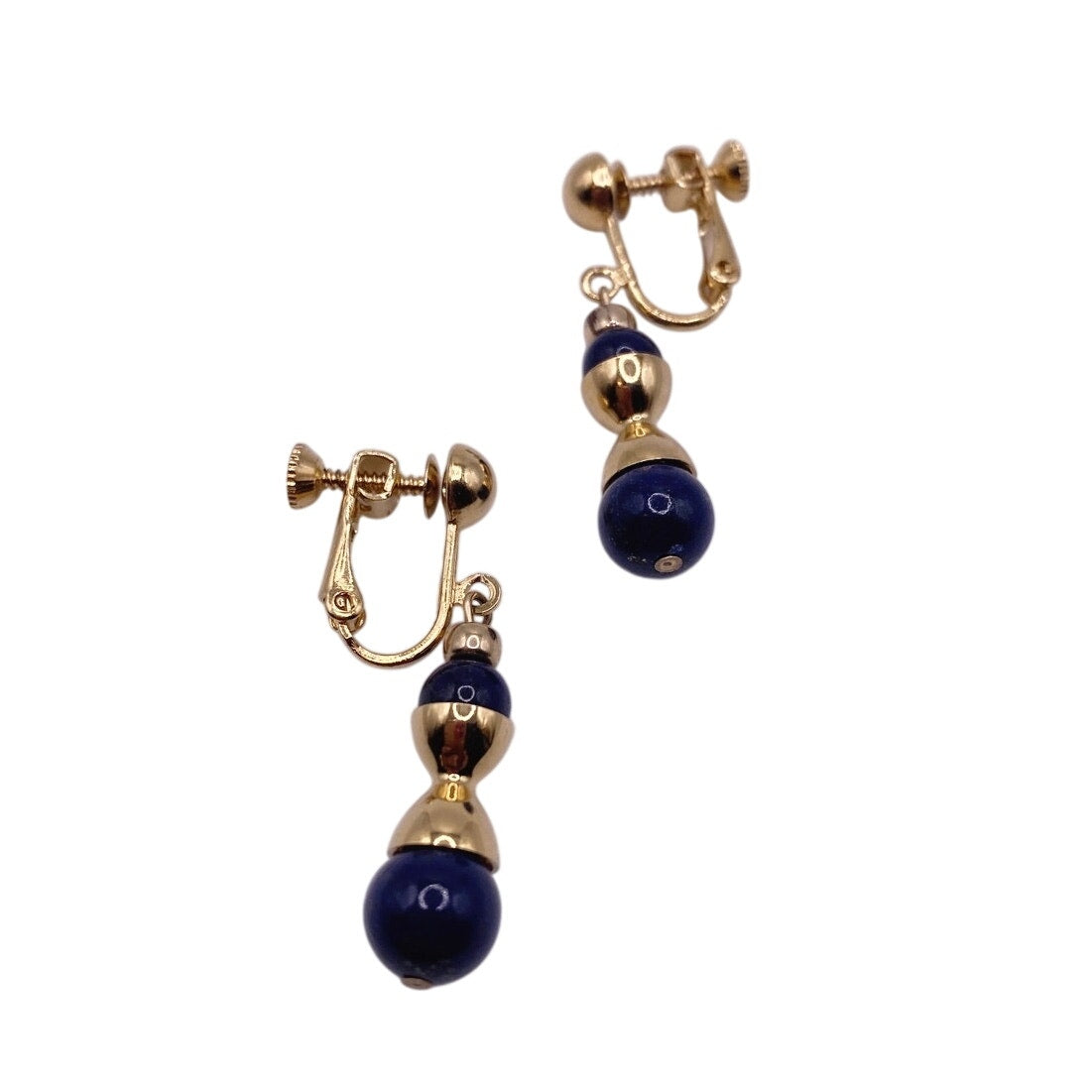 Vintage Gold Filled Dainty Screw Back Earrings With Lapis Lazuli Beads