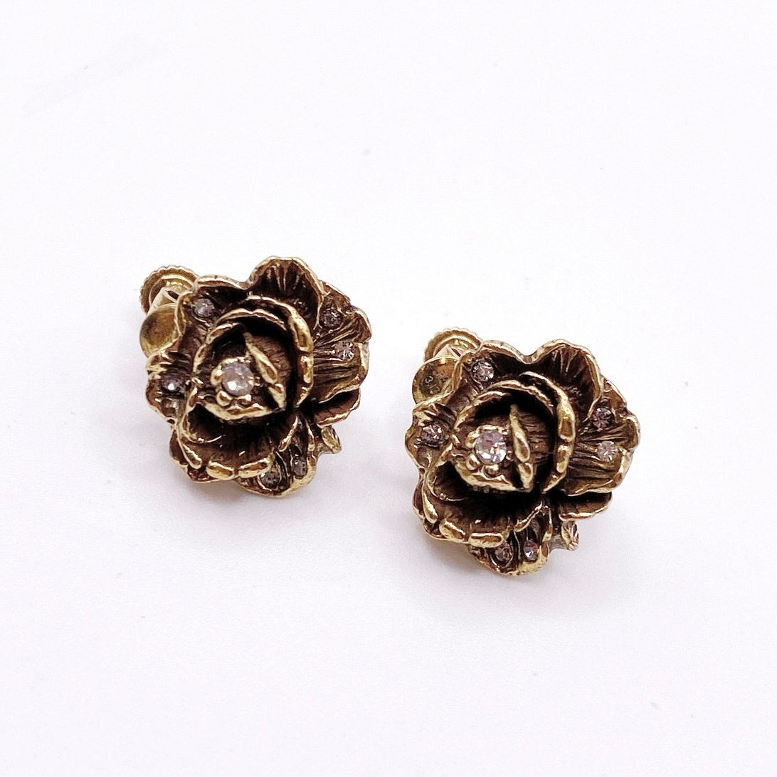 Goldette Vintage Small Gold Tone Clip on Earrings Rhinestones Rose