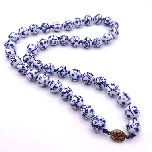 Vintage Chinese Necklace Hand Painted Blue and White Porcelain Beads 22”