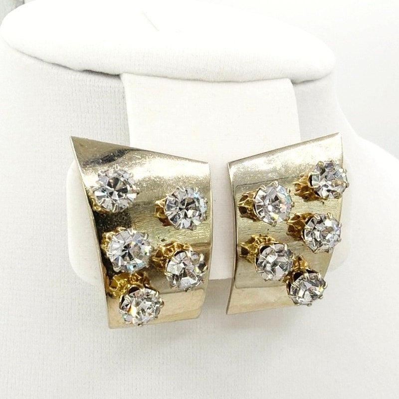 Gold Tone Geometric Vintage Clip On Earrings With Rhinestones 1.3”