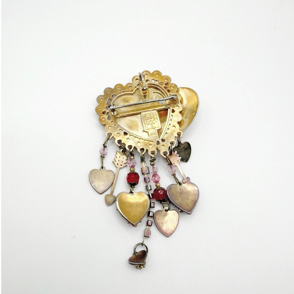 Lunch At The Ritz Pink Valentine Heart Vintage Brooch with Dangling Charms