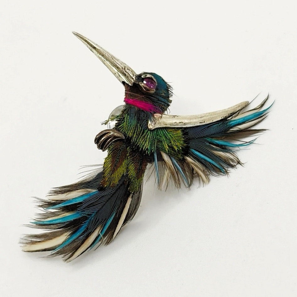 Sterling Silver Hummingbird with Feathers and Ruby Eye Artisan Handmade Pin 2”