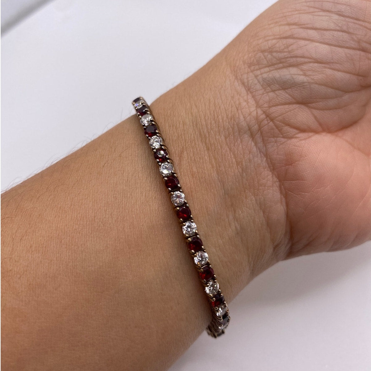 Vintage Sterling Silver Gold Vermeil 925 Bracelet Red and White CZ 3mm Size 7”