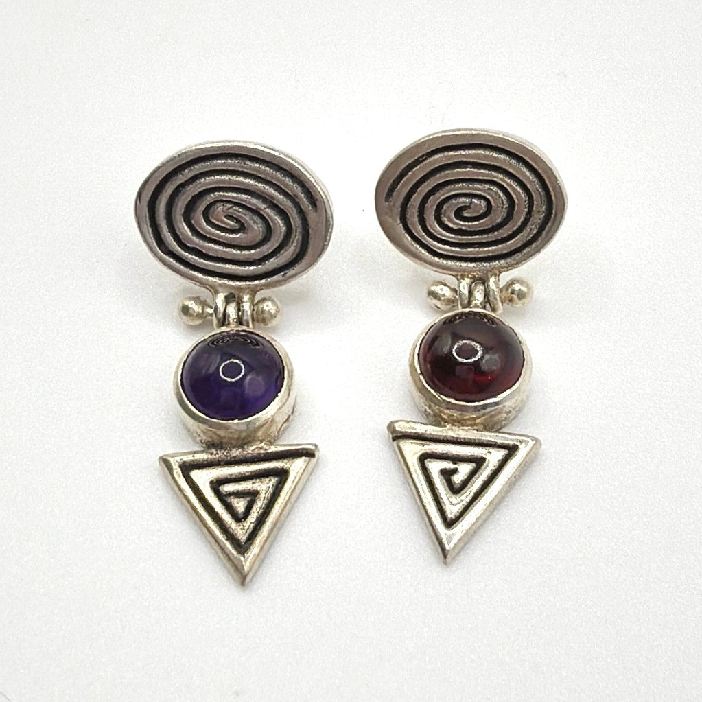 Sterling Silver and Pink and Purple Tourmaline Pierced Earrings
