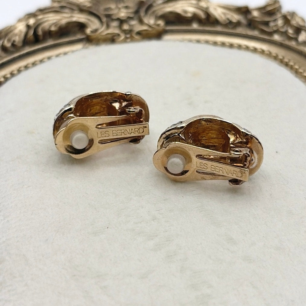 Les Bernard Vintage Clip On Earrings Red Glass Cabochon and Rhinestones 1”