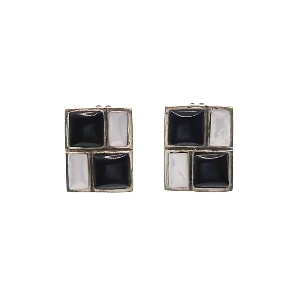 Sterling Silver Onyx and Mother of Pearl Studs Earrings