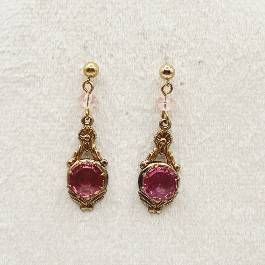 Vintage Brass Filigree Dangling Earrings Lustrous Pink Rhinestones