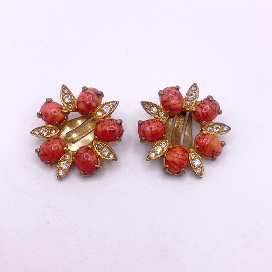 Bellini Vintage Clip On Earrings Gold Tone and Coral Orange Toned