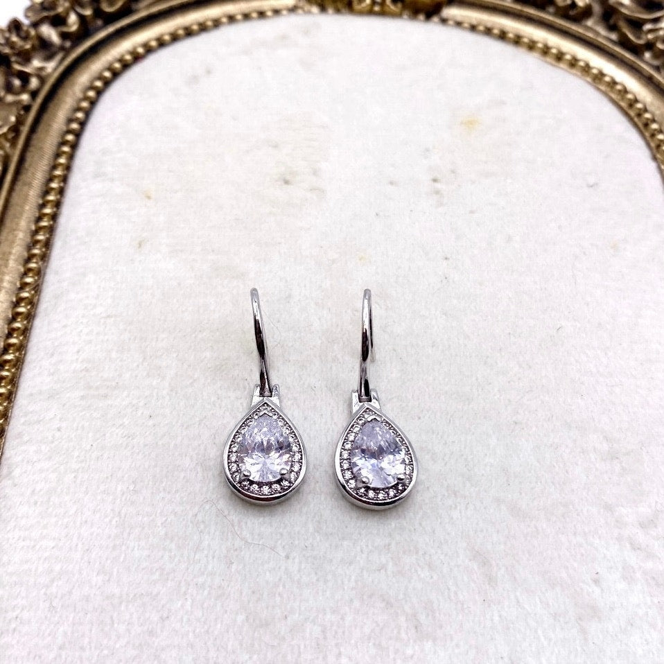 Sterling Silver Earrings with Dangling White Cubic Zirconia Tear Drop 1cm