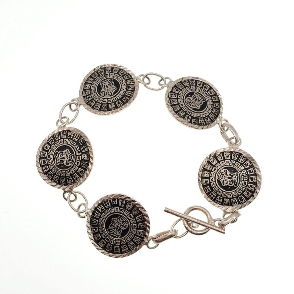 925 Sterling Silver Aztec Mayan Calendar Link Bracelet 7.5” Toggle Closure