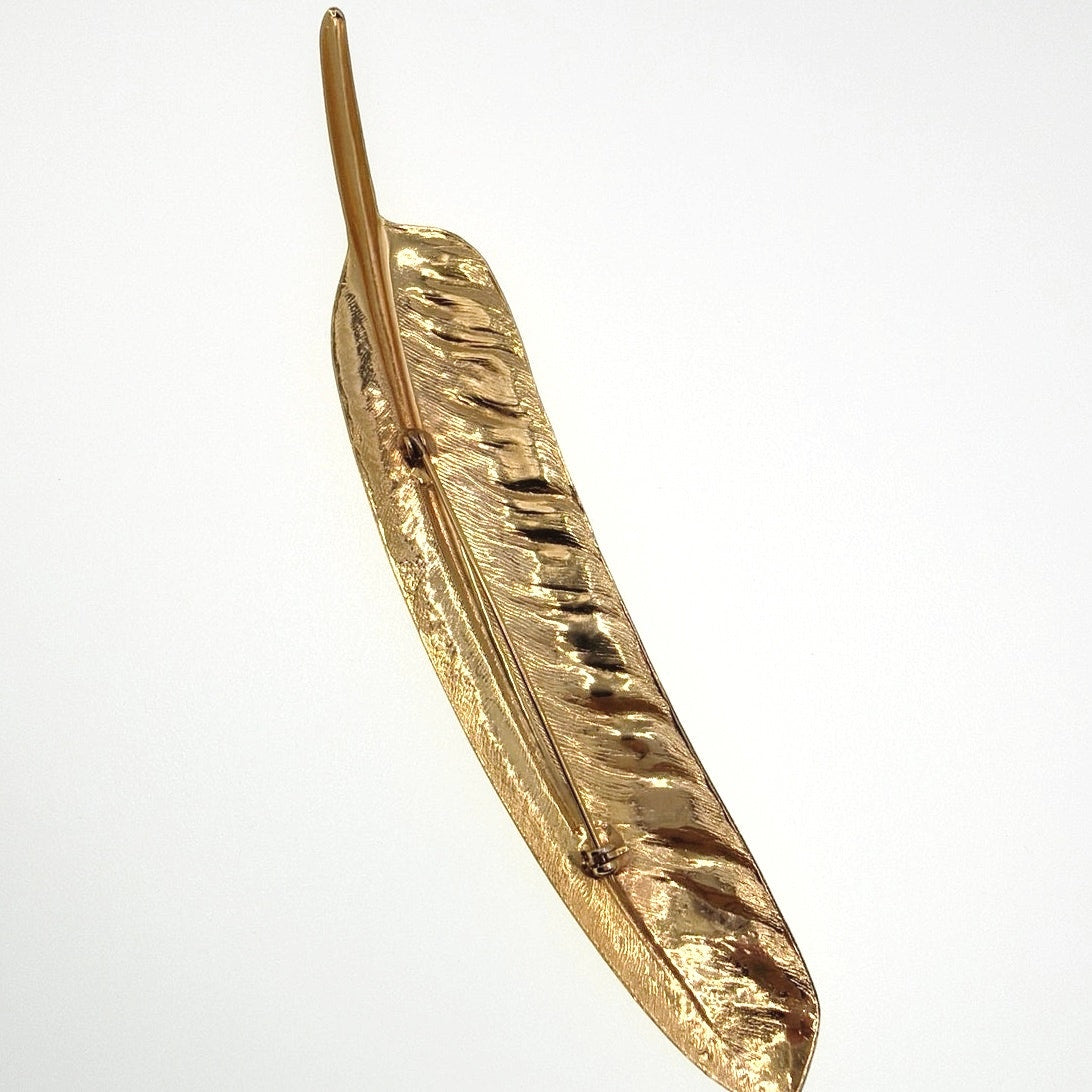 Feather Vintage Gold Tone Brooch 6”