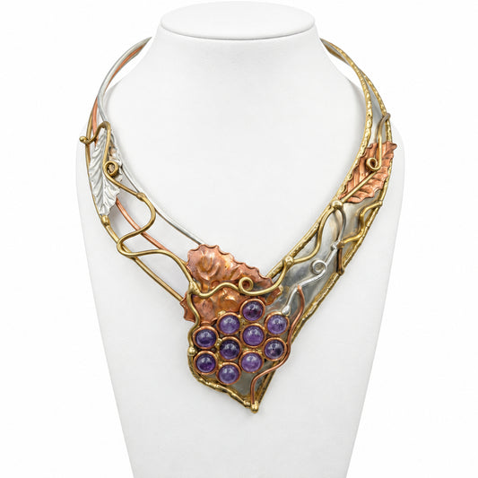 Mixed Metal Necklace Sterling Silver Copper and Brass Leaves Amethyst Grapes