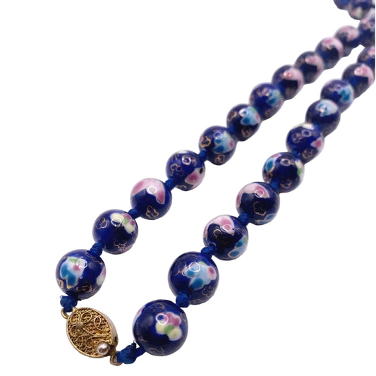 Chinese Export Cloisonné Cobalt Blue Beaded Colorful Flower Knotted Vintage Necklace 26”