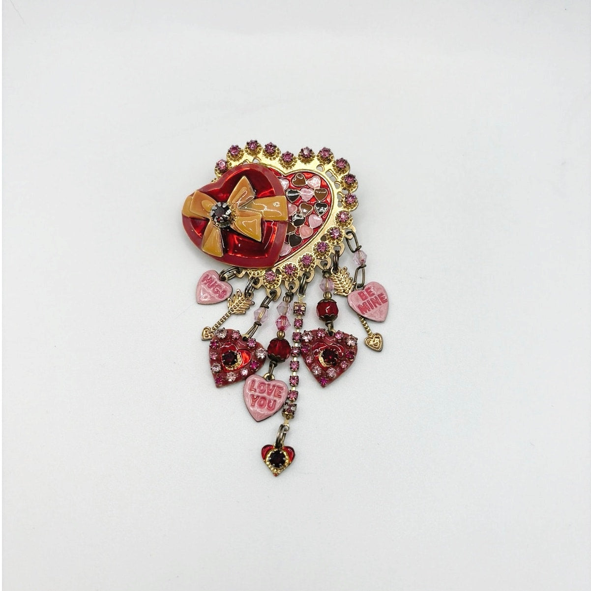 Lunch At The Ritz Pink Valentine Heart Vintage Brooch with Dangling Charms
