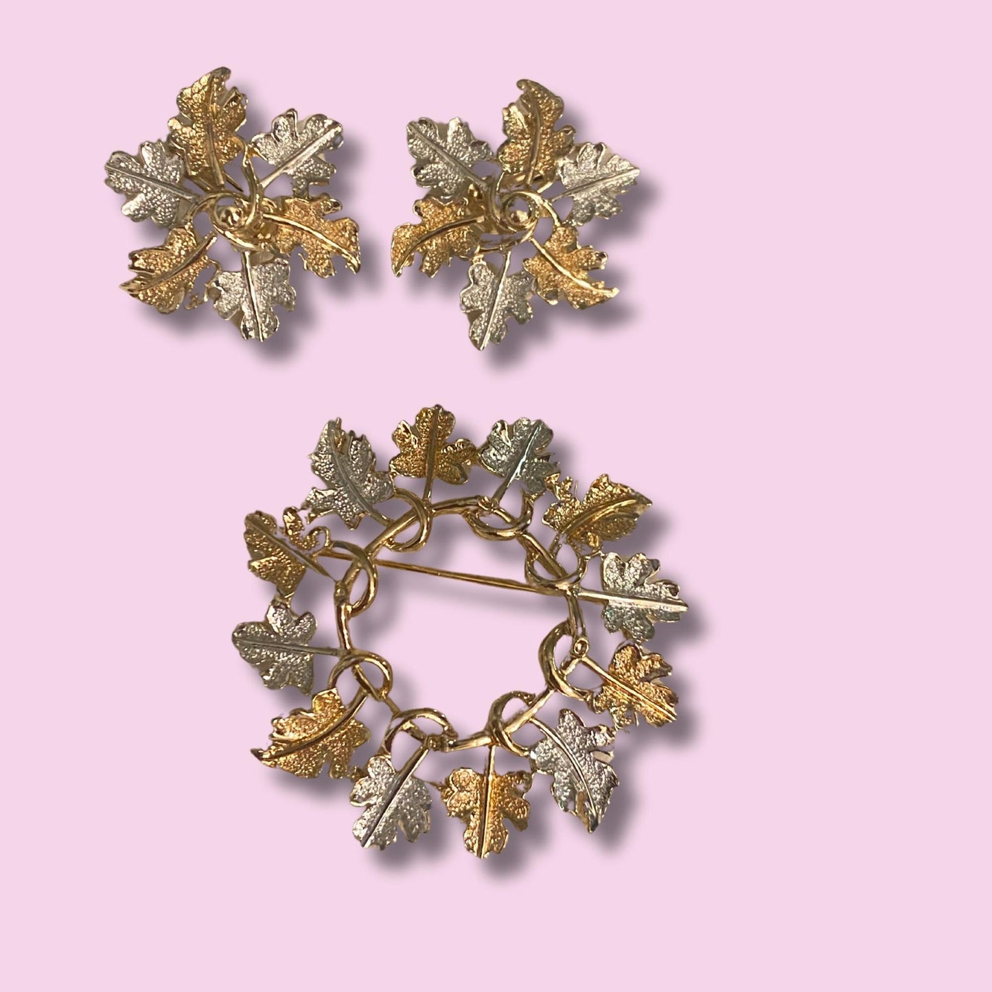 Sarah Coventry Golden Silver Leaves  Brooch and Earrings Set