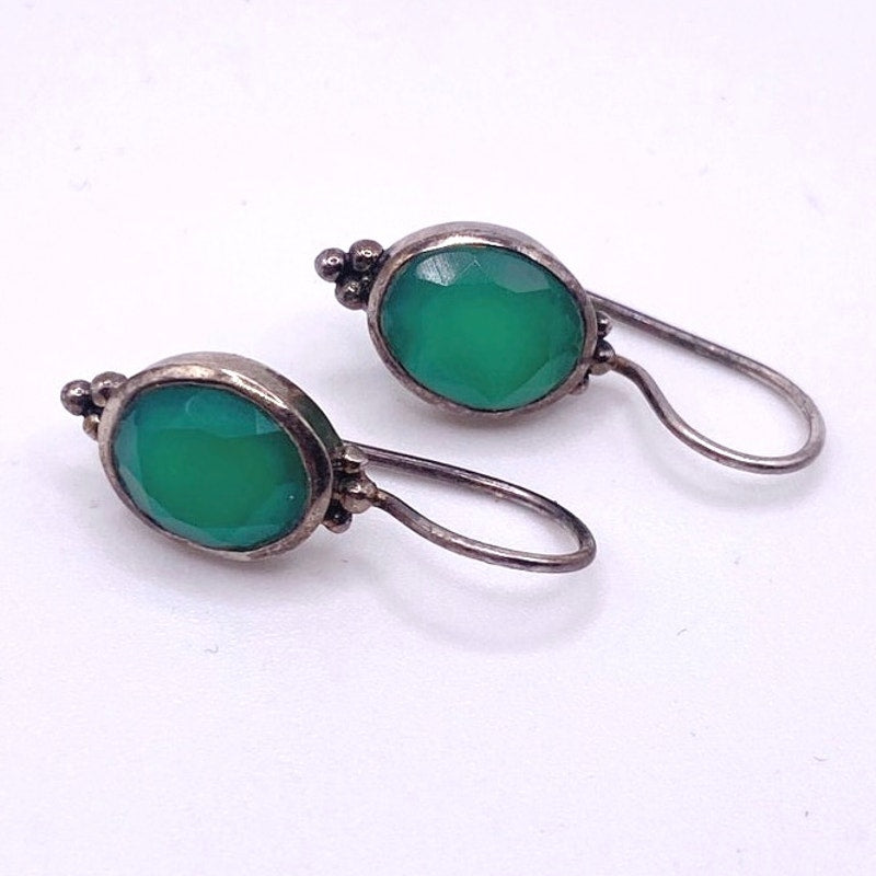 Vintage Sterling Silver And Green Onyx Hook Earrings