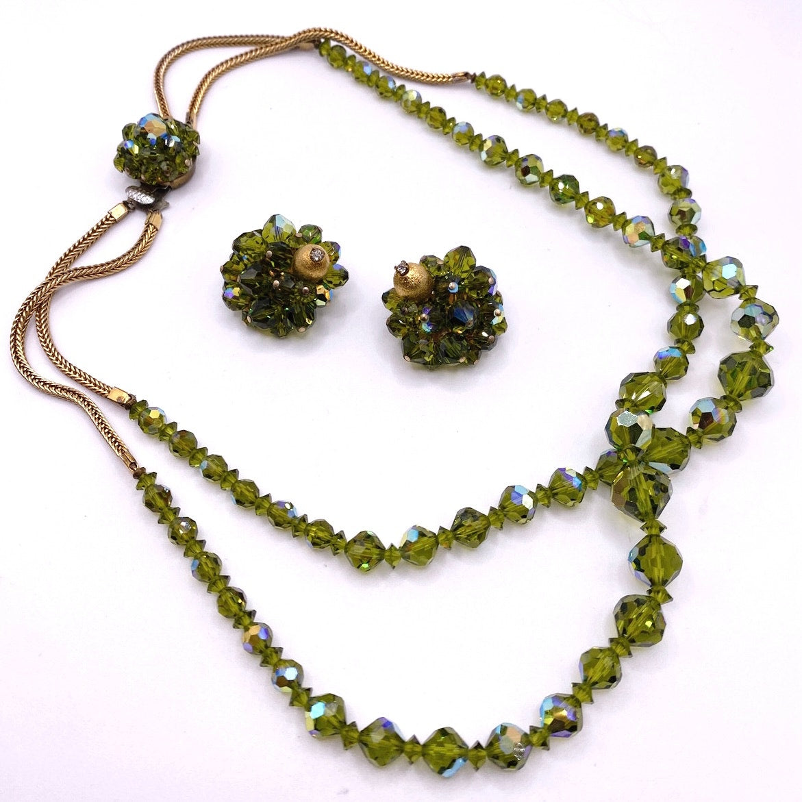 Vntg Double Strand Green Austrian Crystal Necklace 17” and Clip on Earrings Set