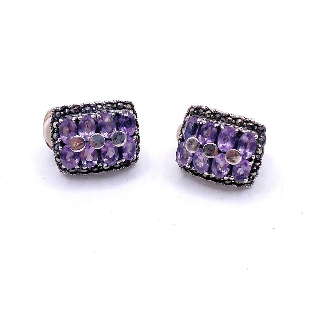 Sterling Silver And Amethyst Gems Vintage Clip On Earrings