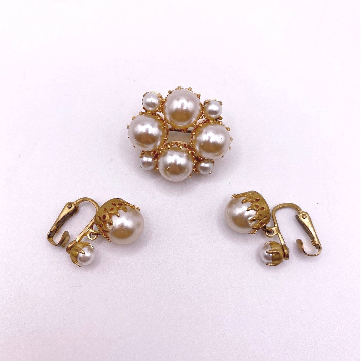 Vintage Clip On Earrings and Brooch Faux Pearls Austria Signed