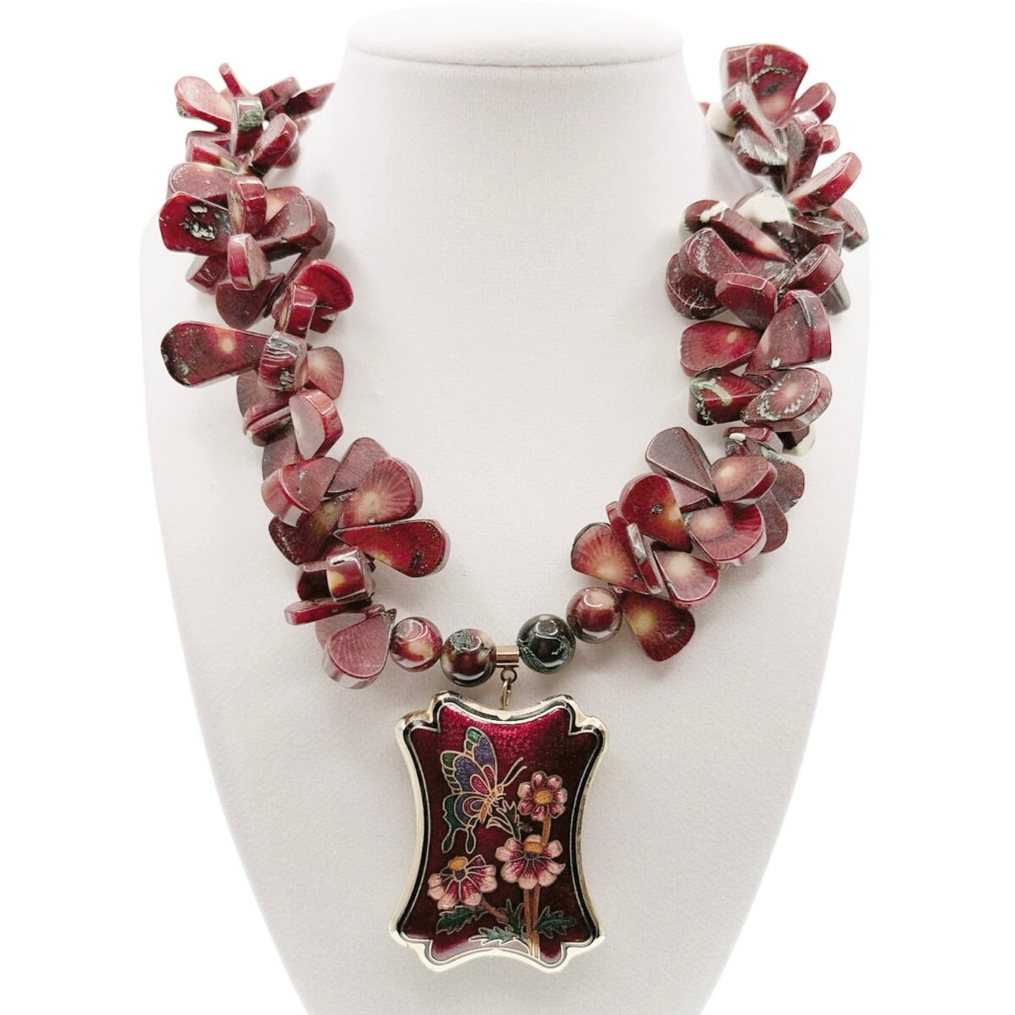 Red Coral Beaded Long Necklace With Chinese Cloisonné Pendant 20”