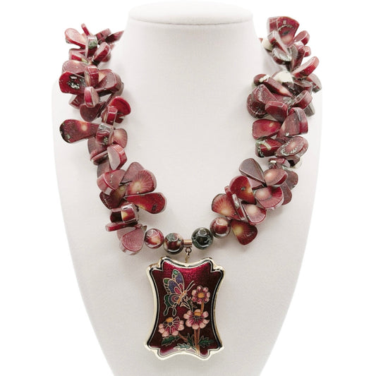 Red Coral Beaded Long Necklace With Chinese Cloisonné Pendant 20”