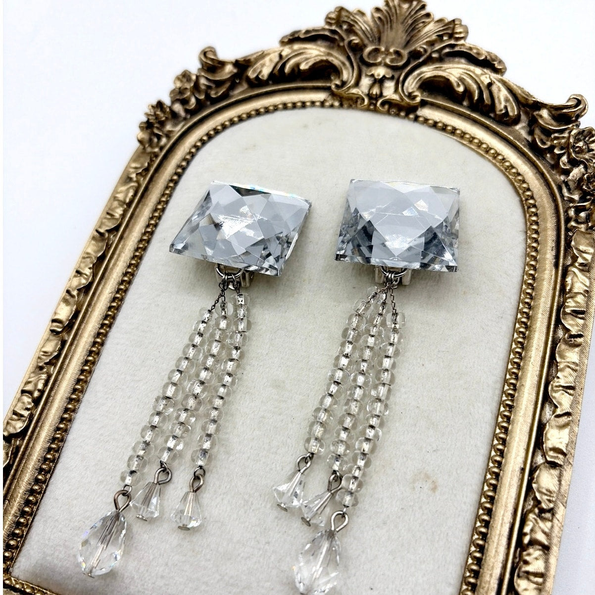Vintage Square Crystal Rhinestones 4” Dangling Clip On Statement Earrings
