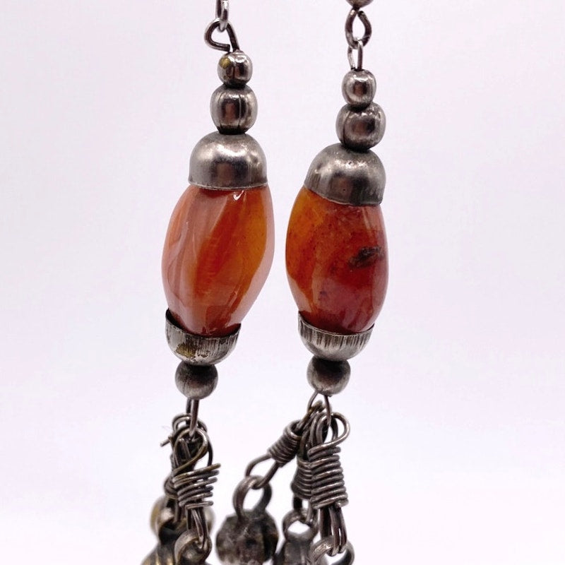 Vintage Tribal Drop Dangle Earrings With Carnelian Stone